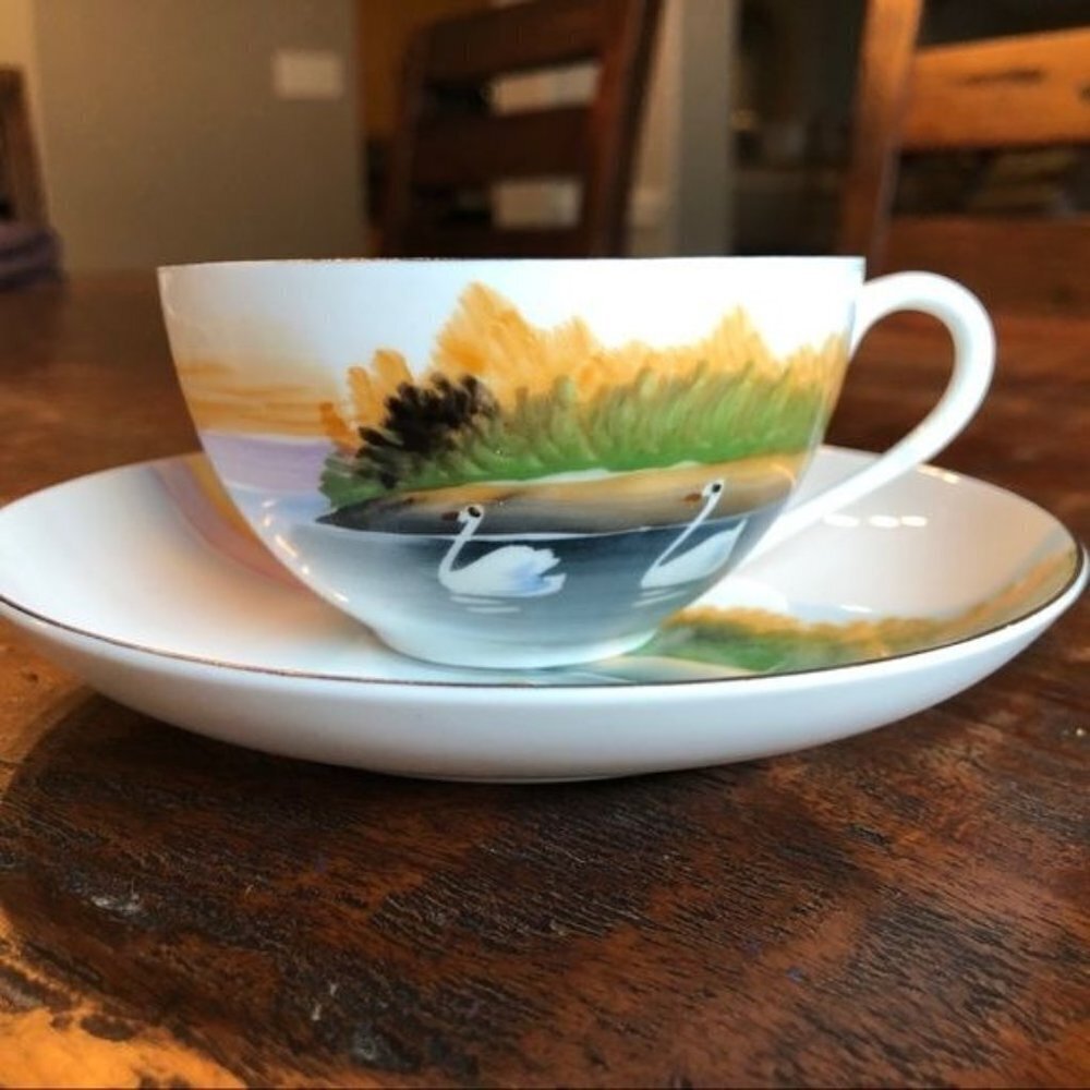 Vintage Swans painted Japanese Tea Cup/Saucer Set